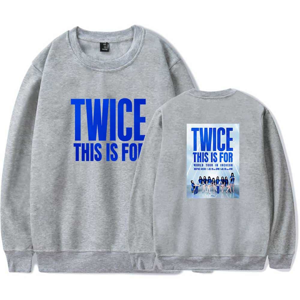 TWICE sweatshirt with a concert poster print on the back, showcasing popular K-pop merchandise featuring the girl group TWICE and their world tour. Comfortable, casual apparel for fans.